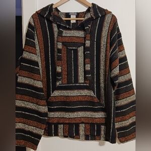 Earthbound Trading Co. Pullover Aztec Hoodie Sweater Black Red Mens L Drug Rug